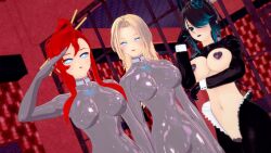  3d blonde_hair blue_eyes bodysuit charlotte_(milena) clothed_exposure collar cybus_industries doctor_who_(series) drone female_only femdom femsub flower flower_in_hair gloves graybot hair_ornament koikatsu! latex lipstick milena milena_(milena) original pasties red_hair reverse_bunnysuit saluting tech_control tied_hair wolf_girl 