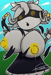 breast_expansion breasts cow_girl cyn_(murder_drones) glowing_eyes horns milk murder_drones robot robot_girl spiral_eyes tcross white_hair