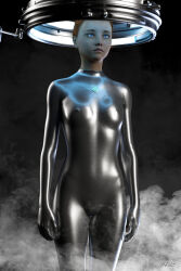 3d blue_eyes bodysuit expressionless female_only femsub glowing_eyes graybot microchip orange_hair original ponytail rubber solo standing standing_at_attention tech_control tight_clothing ykk123