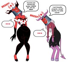  antenna bucket_helmet dialogue glamrockmangle12 helluva_boss hooves horns martha_(helluva_boss) mrs_mayberry resisting speech_bubble tech_control white_background yuri 