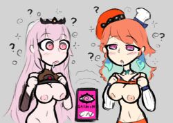 blush breasts calliope_mori confused drool female_only femsub grey_background hair hat hololive hololive_english hypnotic_app kiara_takanashi long multicolored_hair multiple_girls multiple_subs nipples open_mouth orange_hair original pink_eyes pink_hair red_eyes shirt_lift simple_background skecchyartist spiral spiral_eyes text virtual_youtuber