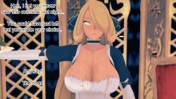 ash_ketchum blonde_hair breasts clothed clothed_exposure covered_with_cum cum cum_on_body cynthia dialogue empty_eyes english_text expressionless femsub hair_covering_one_eye maid maledom mustardsauce pokemon pokemon_(anime) text white_eyes whitewash_eyes