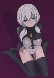 ars_almal batta18th bed blue_eyes bow breasts dazed empty_eyes erect_nipples erect_nipples_under_clothes expressionless female_only femsub gloves leotard nijisanji nintendo open_mouth pokemon pokemon_diamond_pearl_and_platinum signature sitting solo team_galactic team_galactic_grunt thighhighs twintails virtual_youtuber white_hair