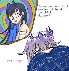 ass ass_focus bijou_koseki blue_eyes blue_hair clothed crown elizabethwhitfujoshi english_text female_only femdom femsub glasses grey_hair hair_ornament hololive hololive_english hypnotic_ass jeans kronii_ouro long_hair multicolored_eyes multiple_girls purple_hair simple_background sitting_on_face spiral spiral_background sweater tagme text virtual_youtuber white_background yuri 