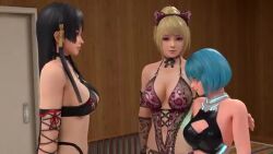  3d animated black_hair breasts dead_or_alive eye_beams female_only femdom femsub head_in_breasts hypnotic_eyes hypnotized_assistant nico_(dead_or_alive) nyotengu sneerdjet_(manipper) tagme video yukino_(dead_or_alive) 