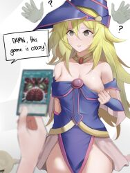  blonde_hair brain_control_(yu-gi-oh!) card choker cleavage collarbone confused dark_magician_girl dialogue drool empty_eyes eroborne female_only femsub hat nipples phantom_hand pov pov_dom signature simple_background speech_bubble text thighs undressing very_long_hair white_background yu-gi-oh! 