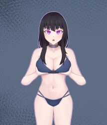  bikini black_hair breasts cleavage collar expressionless female_only femsub glowing_eyes holding_breasts hypnotic_accessory inoue_takina large_breasts long_hair looking_at_viewer lycoris_recoil midriff open_mouth purple_eyes smile solo standing swimsuit tech_control zires 