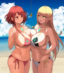 beach bikini blonde_hair blush breast_press breasts cleavage empty_eyes female_only femsub happy_trance hero_(do-belman) icontrol_(manipper) large_breasts long_hair manip multiple_girls multiple_subs mythra_(xenoblade) navel nintendo open_mouth pendulum pyra_(xenoblade) red_eyes red_hair short_hair smile swimsuit symmetrical_docking xenoblade_chronicles xenoblade_chronicles_2 yellow_eyes