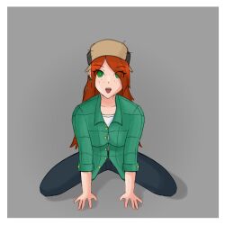  absurdres breasts disney dog_pose expressionless female_only femsub freckles glowing glowing_eyes gravity_falls green_eyes hat hypnotic_accessory long_hair open_mouth orange_hair pet_play red_hair tech_control tongue tongue_out wendy_corduroy zi-tech_(zires) zires 