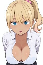  ai_art arms_behind_back blonde_hair blue_eyes cleavage collarbone drool earrings empty_eyes expressionless female_only femsub hair_ornament huge_breasts leaning_forward maledom minimimic_(generator) open_mouth ponytail school_uniform simple_background skirt stable_diffusion_(ai) white_background 