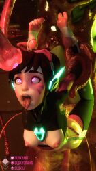  3d ass bare_breasts breasts d.va drool duskyart female_only femsub glowing glowing_eyes hypnotic_tentacle open_mouth overwatch restrained spread_legs symbol_in_eyes tentacles tongue tongue_out 