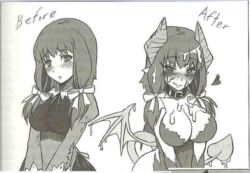 before_and_after bottomless breasts caption cleavage collar comic corruption cum cum_on_body cum_on_breasts demon_girl female_only femsub greyscale happy_trance horns large_breasts long_hair monochrome monster_girl monster_girl_encyclopedia nude smile tail text topless transformation wings