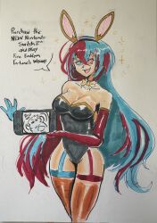  alear_(fire_emblem) blue_eyes blue_hair bunny_ears bunnysuit fire_emblem fire_emblem_engage nintendo red_eyes red_hair simple_background sketch spiral spiral_eyes syas-nomis text 