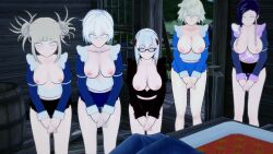  3d bangs bare_legs black_hair blonde_hair blush bottomless breasts breasts_outside clothed_exposure expressionless female_only femsub fuyumi_todoroki glasses hair_buns himiko_toga large_breasts leaning_forward maid messy_hair mika_jiro milf mitsuki_bakugo multicolored_hair multiple_girls multiple_subs my_hero_academia rei_todoroki short_hair shrunken_irises standing standing_at_attention straight-cut_bangs white_hair 