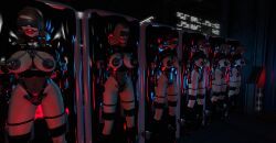  3d ball_gag blonde_hair bondage breast_sucking brown_hair collar cuffs gag gloves large_breasts leotard logiire long_hair multiple_girls multiple_subs opera_gloves original ponytail restrained tech_control tied_hair topless vaginal vibrator visor wires 