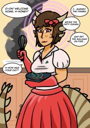 bow brown_hair dress female_only femsub food gloves housewife humor hypnovember kilroylucy18 lipstick lizard_girl lucy_theodulf_(kilroylucy) original red_eyes smile stepfordization sweat tail