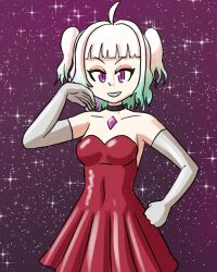  ahoge bare_shoulders breasts clothed costume crystal dress evil_smile eye_color_change eyeshadow female_only femdom femsub gloves green_hair hair_color_change hand_on_hip jewelry mint_fantome multicolored_hair mythkaz opera_gloves original pink_eyes pink_hair possession pream_(hypnolandom) short_hair slit_pupils smile sparkle virtual_youtuber white_hair 
