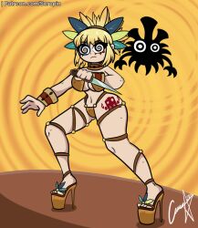  animated animated_gif blonde_hair donkey_kong_(series) dr._stone enemy_conversion face_paint femsub high_heels knife kohaku_(dr._stone) nintendo soropin spiral_eyes tattoo tiki_tak_tribe wacky_pipes wide_hips 