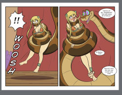  anklet asphyxiation bikini blonde_hair blush border dialogue english_text fairy_tail feger23 hair_ornament harem_outfit hypnotic_eyes kaa kaa_eyes large_breasts long_hair lucy_heartfilia resisting restrained snake speech_bubble stage text the_jungle_book 
