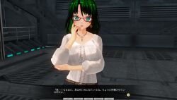  3d belt breasts collar crossed_arms custom_maid_3d_2 earrings female_only femdom glasses green_eyes green_hair japanese_text large_breasts open_mouth original pants short_hair solo swallow774 text 