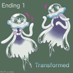  before_and_after evelyn_(pokemon) green_background jellyfish meanthymine nintendo pokemon pokemon_(creature) pokemon_sun_and_moon pokemon_x_and_y signature simple_background tentacles text transformation trembling ub-01 