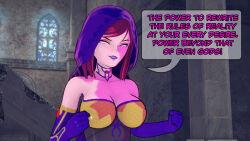 aware clothed dc_comics dialogue dogdog english_text female_only lipstick_mark purple_hair purple_lipstick solo text white_eyes whitewash_eyes