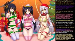 absurdres akeno_himejima bikini black_hair breasts caption christmas christmas_tree consensual female_only femsub ghost13_(writer) gloves happy_trance hat high_school_dxd icontrol_(manipper) kneeling large_breasts long_hair manip multiple_girls multiple_subs naked_ribbon navel opera_gloves ponytail ribbon rossweisse santa_hat serafall_leviathan shinzu silver_hair smile spiral_eyes symbol_in_eyes text thighhighs twintails wholesome