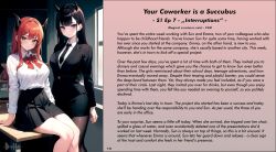 ai_art black_hair caption demon demon_girl dittouh_(generator) femdom horns long_hair male_pov malesub office office_lady orange_eyes pov purple_eyes red_hair story succubus yellow_eyes