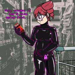 aware bodysuit bulge collarbone drill_hair drone dronification eyebrows_visible_through_hair female_only femsub glowing latex long_hair null_bulge original pink_eyes red_hair self_hypnosis shopping_cart solo spiral tech_control teto_kasane text tight_clothing trance_delightful visor vocaloid