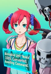 ai_art andromon blue_eyes bracelet brain_injection cleavage corruption digimon digimon_story_cyber_sleuth empty_eyes english_text expressionless femsub glowing_eyes gradient_background hellsing002_(generator) hologram jacket necklace nokia_shiramine open_mouth progress_indicator red_hair robot robotization scrunchie simple_background tech_control twintails wires