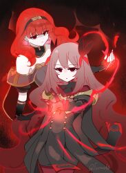 alternate_costume alternate_hair_color aura bare_shoulders breasts celica_(fire_emblem) celine_(fire_emblem) corruption empty_eyes expressionless eye_color_change female_only femsub fingerless_gloves fire_emblem fire_emblem_echoes fire_emblem_engage fire_emblem_gaiden floating glowing hair_color_change nintendo opera_gloves princess red_eyes red_hair very_long_hair yukia_(firstaid0)