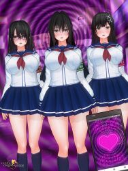  3d arm_bands bangs before_and_after black_hair blue_eyes blush breasts corruption custom_maid_3d_2 dfish303 drool empty_eyes female_only femsub glasses grey_eyes hair_ornament heart japanese_text kneehighs large_breasts multiple_girls multiple_subs open_mouth original outdoors phone pov school_uniform signature skirt socks spiral spiral_background standing text user_interface 