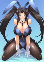 absurdres bare_shoulders black_hair blush breasts bunny_ears bunnysuit cleavage fake_animal_ears female_only femsub fishnets flute gloves haganef high_school_dxd icontrol_(manipper) instrument kneeling large_breasts long_hair manip pantyhose serafall_leviathan solo spiral_eyes symbol_in_eyes twintails