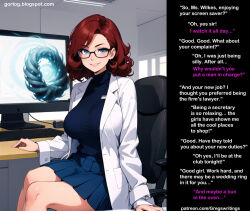  ai_art altered_common_sense breasts caption femsub gregory_michelson_(generator) large_breasts manip office_lady red_hair sexism skirt smile subliminal text 