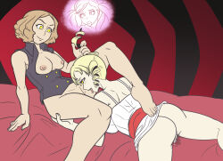  blonde_hair breasts brown_hair catherine catherine_(game) corruption cunnilingus demon_girl female_only femdom femsub glowing glowing_eyes happy_trance haru_okumura hypnotized_hypnotist large_breasts looking_at_viewer majinsfw monster_girl open_mouth oral persona_(series) persona_5 short_hair smile succubus tongue tongue_out turning_the_tables 
