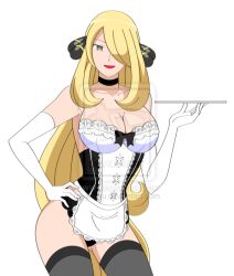  blonde_hair breasts choker cynthia dead_source empty_eyes female_only femsub gloves grey_eyes hair_covering_one_eye happy_trance jimryu large_breasts long_hair maid nintendo opera_gloves pokemon pokemon_diamond_pearl_and_platinum smile solo thighhighs transparent_background tray 