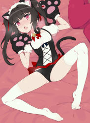  bed bell black_hair blush breasts cat_ears cat_girl cat_tail clothed empty_eyes female_only femsub gloves hair_ornament happy_trance heart heart_eyes kuro_mushi long_hair maid maid_headdress open_mouth panties pink_eyes senki_zesshou_symphogear shirabe_tsukuyomi small_breasts solo spread_legs sweat thighhighs tongue twintails 