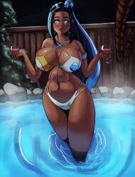  absurdres bikini black_hair blue_hair blush bottomless breasts cleavage dark_skin earrings empty_eyes expressionless female_only femsub foolycooly glowing glowing_eyes hot_spring jewelry large_breasts long_hair looking_at_viewer multicolored_hair nessa_(pokemon) nintendo open_mouth pokemon pokemon_sword_and_shield swimsuit 