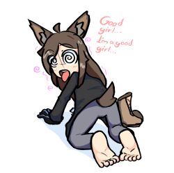  ahoge all_fours animal_ears ass_focus barefoot blush boots brown_hair coat dog_pose feet femsub foot_focus gloves kaede_(skecchyartist) long_hair looking_back open_mouth original pet_play simple_background skecchyartist spiral spiral_eyes spiralwash_eyes tail text tongue tongue_out white_background wolf_girl 