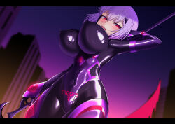  bangs blush bodysuit crotch_tattoo empty_eyes entenca female_only femsub gloves gradient_background hair_ornament large_breasts latex leotard looking_at_viewer original outdoors purple_background purple_hair red_eyes rubber short_hair solo thigh_boots thighhighs tight_clothing weapon 