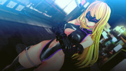  3d bare_shoulders blonde_hair boots breasts cleavage collar crossed_eyes custom_maid_3d_2 drone gloves leotard long_hair navel nyorohsb opera_gloves original rubber smile standing tech_control thigh_boots thighhighs visor 