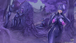  arms_above_head ass blindfold bodysuit choking drool female_only femsub fingering lactation large_breasts latex latex_dungeon lipstick maoge mask multiple_girls multiple_subs nipple_tweak open_mouth original outdoors parasite pregnant purple_hair purple_lipstick pussy_juice restrained rubber short_hair sitting slime standing symbiote tentacle_sex tentacles tight_clothing watermark 