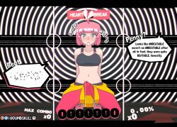  ahoge arms_behind_back beat_(unbeatable) blush clothed collarbone crop_top cum defeated drool dumbskull erection_under_clothes expressionless eyebrows_visible_through_hair female_only femsub gameplay_mechanics heart hypnotic_music kneeling looking_at_viewer midriff music navel open_mouth pants penis pink_hair ring_background shoes short_hair solo spiral_eyes text transfem transgender_identity unbeatable 