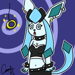 animals_only blue_skin breasts cleavage collar drool earrings expressionless female_only femsub furry glaceon goth jewelry large_breasts midriff navel nintendo open_mouth pendulum pokemon punk purple_background shyker simple_background solo spiral spiral_background spiral_eyes standing standing_at_attention surprised symbol_in_eyes tail
