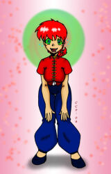 crazycowproductions drool femsub genderswap glowing glowing_eyes happy_trance knees_together long_hair looking_at_viewer ranma_1/2 ranma_saotome red_hair solo standing