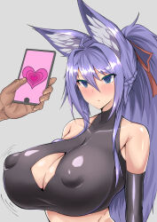 animal_ears blue_eyes blue_hair blush breasts cleavage expressionless femsub fox_ears fox_girl gatyo_5 gloves hair_ornament hair_ribbon huge_breasts hypnotic_app long_hair nipples open_mouth opera_gloves original ponytail ribbon spiral_eyes standing standing_at_attention symbol_in_eyes tech_control tube_top