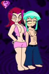  abs aged_up akiza_izinski androgynous_dom bare_shoulders brown_eyes collarbone expressionless eyebrows_visible_through_hair femsub green_hair hand_on_hip happy_trance heavy_eyelids hypnoscream large_breasts leo malesub multiple_subs open_clothes pants ponytail red_hair scars shiny_hair shiny_skin short_shorts simple_background spiralwash_eyes standing thighs topless transgender transgender_identity transmasc wide_hips yellow_eyes yu-gi-oh! yu-gi-oh!_5d's 