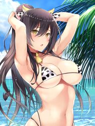armpits beach bell_collar bikini black_hair breasts collar cow_girl empty_eyes fake_animal_ears female_only femsub horns icontrol_(manipper) inuzumi_masaki large_breasts long_hair looking_at_viewer manip navel open_mouth ponytail sakuya_shirase solo the_idolm@ster the_idolm@ster:_shiny_colors wet