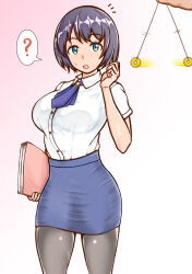 aware blue_eyes character_request expressionless female_only femsub looking_at_viewer mikan_ame_q milf open_mouth original pantyhose pendulum pov pov_dom purple_hair short_hair skirt standing sweat teacher
