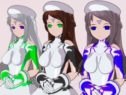  3d 3d_custom_girl bare_shoulders blue_eyes breasts brown_hair cuffs dress empty_eyes expressionless female_only femsub gloves green_eyes grey_hair hat long_hair microchip multiple_girls multiple_subs purple_eyes saihate_no_majo silver_hair simple_background tech_control white_background 